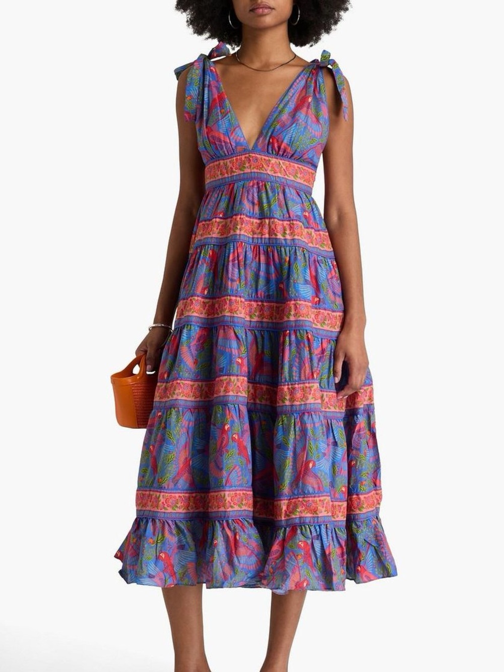 NWT HOUSE OF HARLOW 1960 Midi Dress Blue Tahiti Parrot Linen Tiered V-Neck Boho